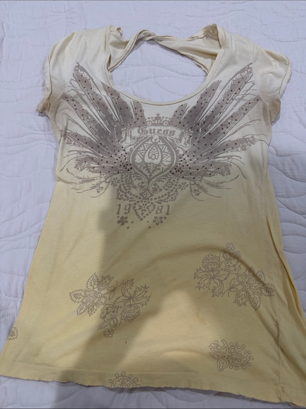 Guess Pale Yellow Embellished Tie-Back Tee